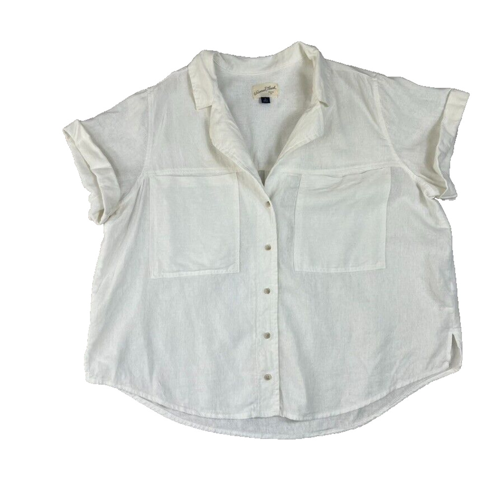Universal Thread Shirt Women XL White Button Up Collared Short Sleeve Linen